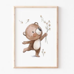 Kinderposter "Blumenspaß", Bär mit Blumen, Kinderzimmer Bild, Bärchen Teddy Bilder in A4 oder A3, boho Poster für Kinder Blümchen Sommerbild