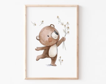 Children's poster "Flower fun", bear with flowers, children's room picture, bear teddy pictures in A4 or A3, boho poster for children flower summer picture