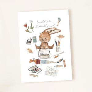 Kaart voor schoolinschrijving "Konijn op schooltas", Eindelijk een schoolkind, kaart voor de start van school, schoolinschrijvingskaart, kaart voor de start van school, cadeau voor de start van school