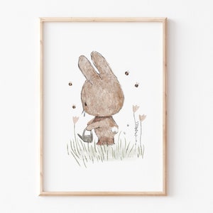 Poster Kinder "Hase gießt Blümchen", Bild,  Kinderbild beige, Kinderposter, Poster, Kinderbild, Kinderzimmer Tierbild, Hasenposter DIN A4 A3
