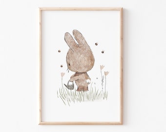 May include: A watercolor illustration of a brown bunny rabbit watering a flower with a small watering can. The bunny is surrounded by green grass and pink flowers. There are also small bees flying around the bunny.