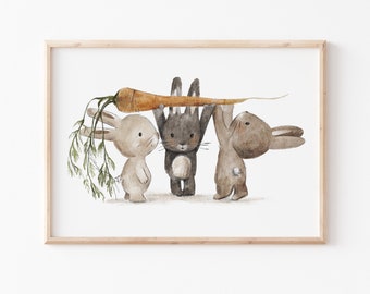 Poster children's room, A4 A3, rabbits with carrots, children's room pictures, children's room pictures, pictures for children's rooms, wall pictures, children's posters