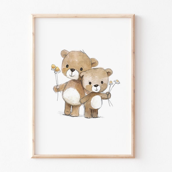 Kinderposter Kinderbild "Teddys" A4 A3 Poster, Kinderposter Kinderzimmer, Geschwister Kinderbilder, Geschwisterbild, Poster Kinderzimmer