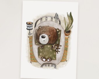 Karte "Kuschelbär", Babykarte, Geburtskarte, Bär im Bett, Babykarte, Teddy Kinder Karte DIN A6, Postkarte Kinder