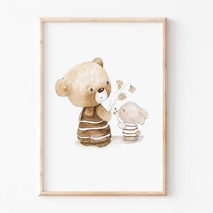 Kinderposter "Bär und Hase mit Blumen", A4 A3 Kinderbild Aquarall, Kinderzimmer Poster, Geschwister Kinderbild, Geschwisterbild