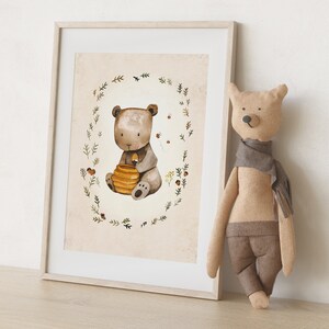 Boho Kinderbild Honigbär, Poster Kinderzimmer Deko, Wanddeko Kinderzimmer, Bär Poster zdjęcie 3