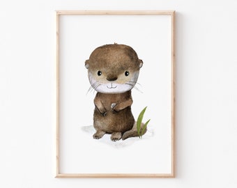 Kinderbild &quot;Otter&quot; A4 A3, Poster, Tierposter, Kinderzimmer Deko, Wanddeko Kinderzimmer, Waldtiere Bilder