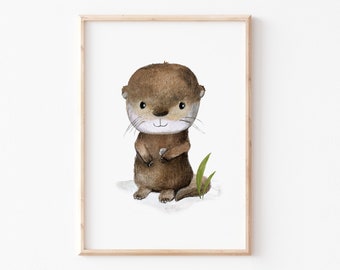 Kinderbild "Otter" A4 A3, Poster, Tierposter, Kinderzimmer Deko, Wanddeko Kinderzimmer, Waldtiere Bilder