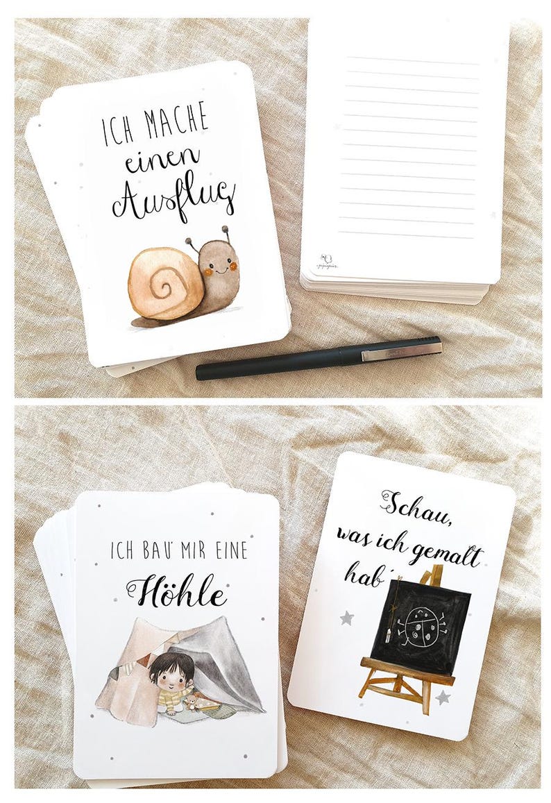 May include: A set of cards with illustrations and text in German. The cards feature a snail, a child building a fort, and a child drawing a ladybug on a chalkboard. The text on the cards reads "Ich mache einen Ausflug", "Ich bau mir eine H&ouml;hle", and "Schau, was ich gemalt hab".