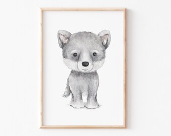 May include: A watercolor painting of a gray wolf pup with a white background. The wolf pup is looking directly at the viewer with a sweet expression.