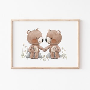 Kinderbild A4 A3 Poster "Bären halten Händchen", Tierposter Kinderposter, Geschwisterbild, Bären Bild, Teddy Poster Geschwister Kinderzimmer