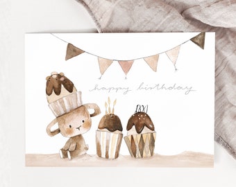 Geburtstagskarte Kind rosa, Geburtstag Karte Kinder Geburtstagskarte Kind Karte Happy Birthday, Postkarte, Grußkarte zum Geburtstag, Muffins