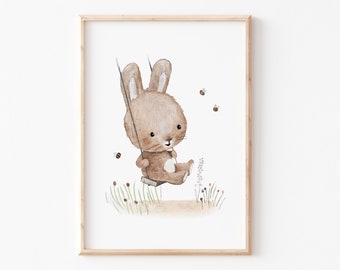 Kinderposter Kinderzimmer "Hase schaukelt", Kinderbild, Poster, Kinderposter, Aquarell Poster, Kinderbild, Kinderzimmer Tierbild DIN A4 A3