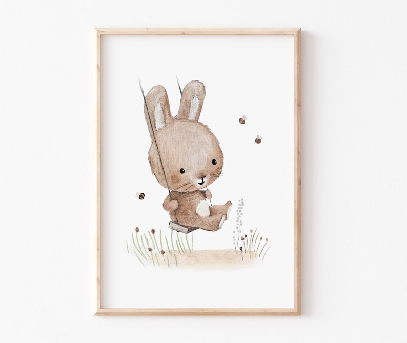 Kinderposter Kinderzimmer Hase schaukelt, Kinderbild, Poster, Kinderposter, Aquarell Poster, Kinderbild, Kinderzimmer Tierbild DIN A4 A3 Bild 1