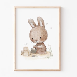 Kinderzimmerbild Poster A4 A3, "Hase im Sandkasten", Kinderbilder, Kinderposter, Poster Hase, Kinderbild, Kinderzimmer Tierbild, Hasenbild