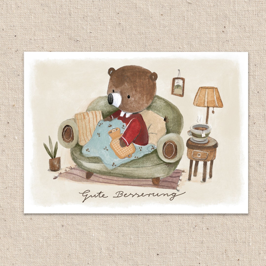 WBdesignz Genesungskarte „Gute Besserung“ Mit Niedlichem Bär – DIN A6 (125x125 Mm), 300g/m² Papier, Mit Umschlag