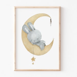 Kinderbild, A4 A3 Kinderposter Kinderzimmer "Hase auf Mond", Kinderzimmer Poster, Kinderzimmer Bild, Mond Poster, Hasenposter, Kinderbilder