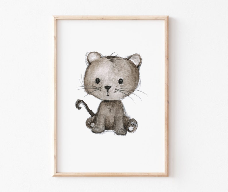 May include: A watercolor illustration of a brown and gray cat sitting with its tail curled behind it. The cat has large, round eyes and a small, pink nose.