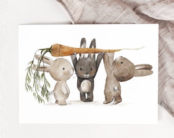 Easter card "Bunnies with carrots", Easter cards, cards for Easter, postcards, Easter decorations, DIN A6, 0.34 mm thick