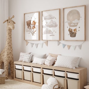 3er Posterset Heißluftballon Kinderzimmer Kinderposter  Fuchs Bär Wolken, Ich werde geliebt, Bilderset, Ballon, Sterne, Kinderbilder A4 A3