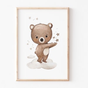 Kinderbild "Bär mit Sternen", Kinderposter Himmel Sternen Kinderzimmer, Bärchen mit Sternen Kinder Poster Bärenposter Kinderzimmer, A4 A3