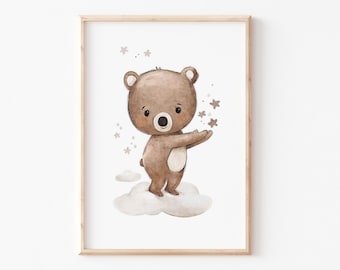 Children's picture "Bear with stars", children's poster sky stars children's room, little bear with stars children's poster bear poster children's room, A4 A3