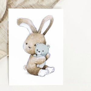 Karte "Hase mit Teddy" zur Geburt, Karte Baby, Geburtskarte Glückwunschkarte Geburt Karte, Geburtsgeschenk, Babykarte Geburt, Karte zum Baby