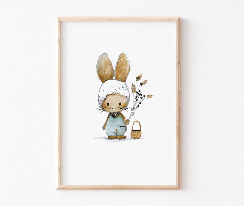 Kinderzimmer Kinderbild Hase Natur, Poster Kinderzimmer Deko, Babyzimmer Deko, beige hellblau zdjęcie 1