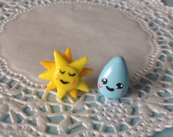 Sonne und Regentropfen Ohrstecker, Fimoschmuck für Kinder, Sonne und Regen Kawaii,