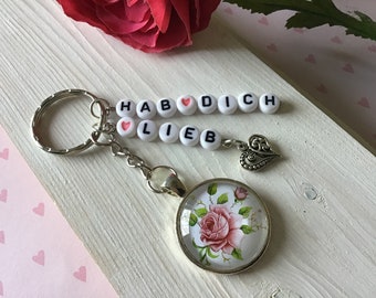 Schlüsselanhänger hab dich lieb, Anhänger mit Spruch, Geschenk für Freundin, Anhänger Liebe, Glas Cabochon