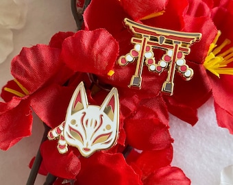 Kitsune Mask, Torii Gate, Mini Enamel Pins, Japanese Folklore, Shrine Dwellers