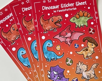 May include: Four red sheets of dinosaur stickers with a gradient background from orange to yellow. The sticker sheet has the text "Dinosaur Sticker Sheet" and "by FanaticPufferfish". The stickers include a variety of dinosaurs, including a stegosaurus, a pterodactyl, a triceratops, and a brachiosaurus.