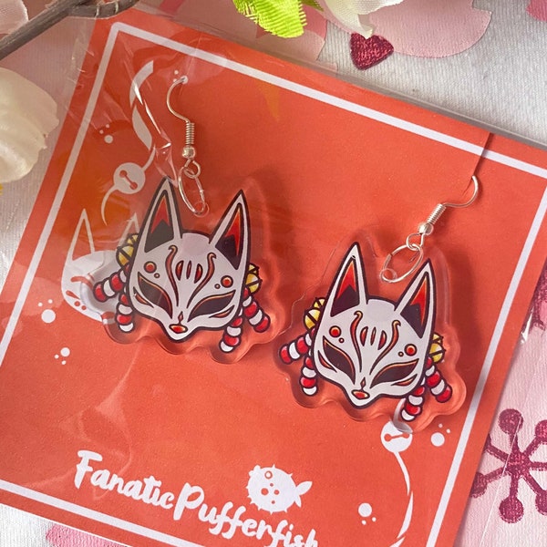 Kitsune Mask Earrings Japanese Folklore Acrylic Clip On Earrings