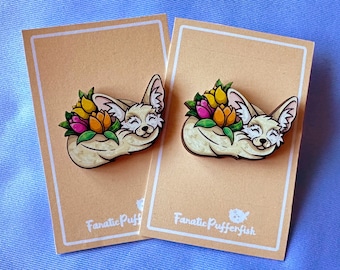 Fennec Fox Tulips Wooden Pin, Animal Pin