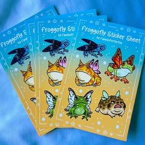 Feuille d'autocollants Froggofly Grenouille féerique mignonne, papillon, conte de fées