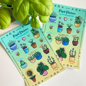 May include: Two sheets of stickers featuring illustrations of potted plants with cute faces and puns. The stickers are on a light blue and yellow gradient background with white stars and hearts. The text on the stickers reads "Plant Stickers by Fanaticpufferfish", "Aloe You Very Much!" , "Still Growing", "Life Would Suck Without You", "Don't Be A Prick", "Give It Some Thyme", "Botany Plants Lately", "You're My Sunshine", "You're My Sunshine", "Give It Some Thyme", "Don't Be A Prick", "Life Would Suck Without You", "Still Growing", "Aloe You Very Much!" and "Believe In Yourself!"