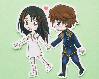 May include: A cartoon illustration of a couple holding hands. The woman is wearing a white dress and the man is wearing a dark blue jacket with gold accents. A red heart is above their heads.
