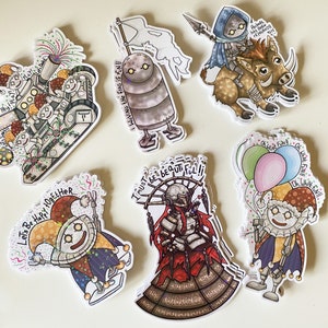 May include: A set of ten colorful stickers featuring whimsical characters and inspirational messages. The stickers are printed on white paper and have a glossy finish. The characters include a robot, a jester, and a knight. The messages include "Let's Be Happy Together", "Trust Be Beautiful", and "Oh What Fun!"
