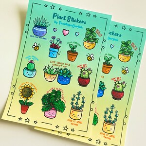 May include: A sheet of colorful plant stickers with cute illustrations and puns. The stickers feature various plants, including succulents, cacti, herbs, and a sunflower. The text on the stickers includes phrases like "Aloe You Very Much!" and "Still Growing".