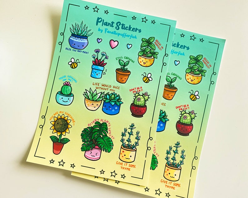 May include: A sheet of colorful plant stickers with cute illustrations and puns. The stickers feature various plants, including succulents, cacti, herbs, and a sunflower. The text on the stickers includes phrases like "Aloe You Very Much!" and "Still Growing".