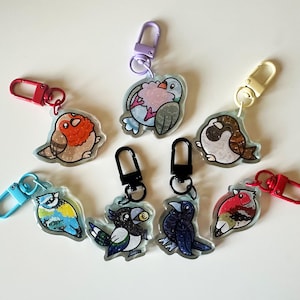 May include: A set of eight colorful bird keychains with glitter accents. Each keychain features a different bird species, including a robin, a blue jay, a cardinal, and a sparrow. The keychains are made of clear acrylic and have metal clasps.