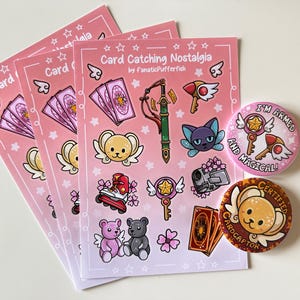 Card Catching Nostalgia Magical Girl Shoujo 90&#39;s Anime Sticker Sheet & Badges