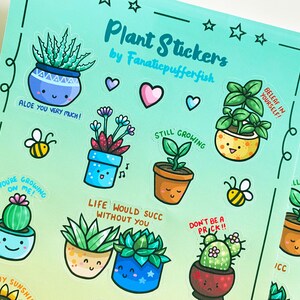 May include: A sheet of colorful plant stickers with various designs and sayings. The stickers feature potted plants with happy faces and motivational phrases like "Aloe You Very Much!" and "Still Growing".