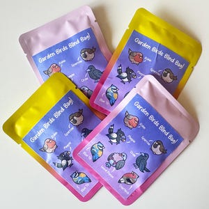 May include: Four pink and yellow pouches with the text "Garden Birds Blind Bag!" printed on them. Each pouch features a different set of illustrated birds with their names listed below.