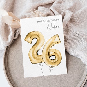 Personalisierte Karte zum Geburtstag | Zahlen Ballons | Happy Birthday | goldene Luftballons | Aquarellpapier