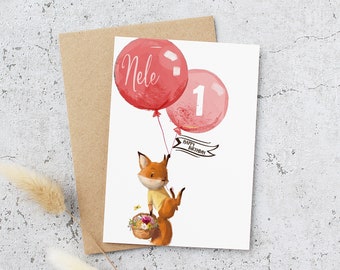 Karte zum Geburtstag | für Kinder | mit Name und Alter | Fuchs mit Luftballons | Postkarte oder Klappkarte | mit Umschlag