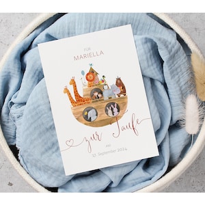 Karte zur Taufe | Arche Noah | Tiere im Boot | mit Name personalisiert | Aquarellpapier | mit Umschlag