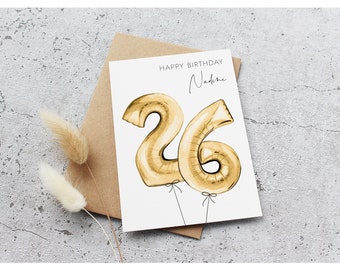 Personalisierte Karte zum Geburtstag | Zahlen Ballons | Happy Birthday | goldene Luftballons | Aquarellpapier