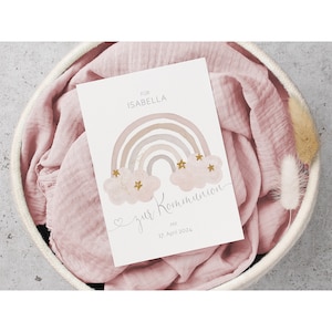 Karte zur Kommunion | Regenbogen | rosa | mit Name personalisiert | Aquarellpapier | mit Umschlag | Karte oder Klappkarte