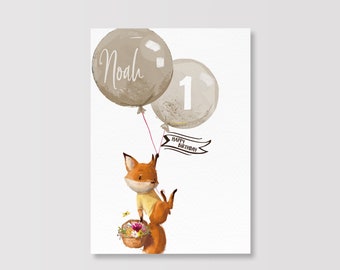 Karte zum Geburtstag | für Kinder | mit Name und Alter | Fuchs mit Luftballons | A6 | Postkarte | mit Umschlag